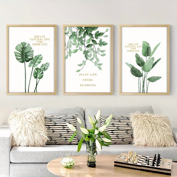 3pcs Art Deco Green Plant Leaf Canvas Wall Art Prints, Frameless Modern Rustic Posters for Living Room Bedroom Classroom, Summer Season Indoor Wall Hanging Decor