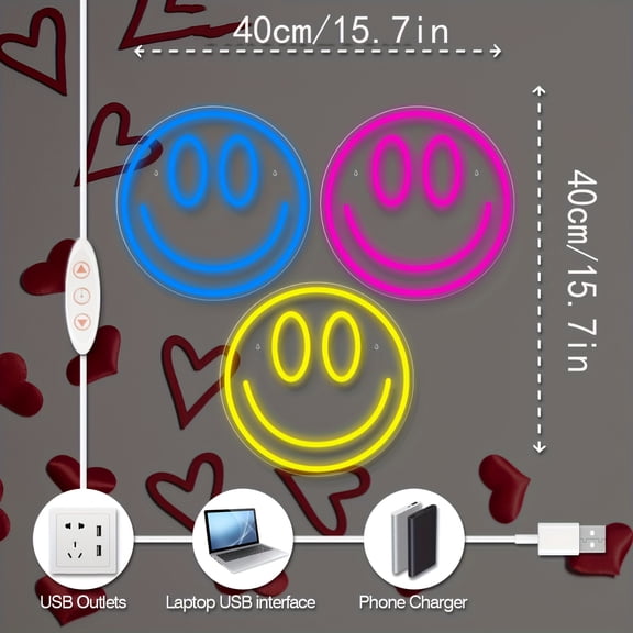 3pcs Art Deco Smiling Face Neon Sign, USB Powered Adjustable LED Light, Bright Night Lamp, with Decorative Wall Hanging, for Home Decor, Bachelor Party, Wedding, Birthday, Weddin