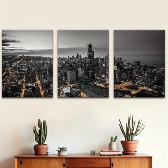 3pcs Art Series, Chicago Skyline Canvas Wall Art, Illinois Skyscraper Art Aesthetic Canvas Printed Wall Paintings, Suitable for Living Room Decoration, Bedroom Decoration,