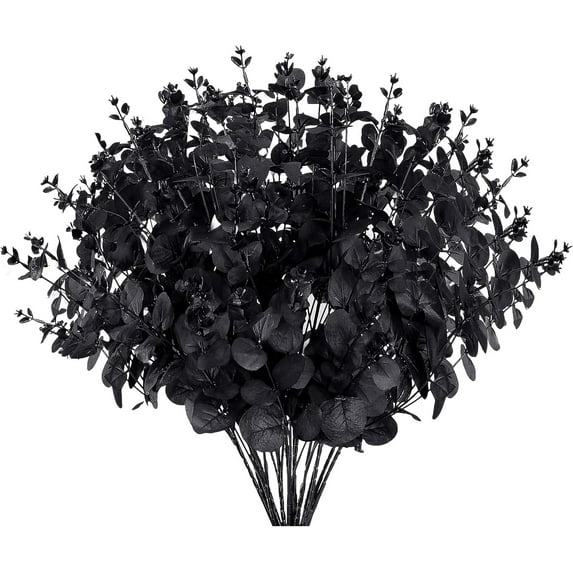 3pcs Artificial Eucalyptus Leaves Black Fake Eucalyptus Branches Faux Silk Eucalyptus Stems Black Silver Dollar Eucalyptus Plant for Halloween Winter Home Wedding Party Table Decor (Black)
