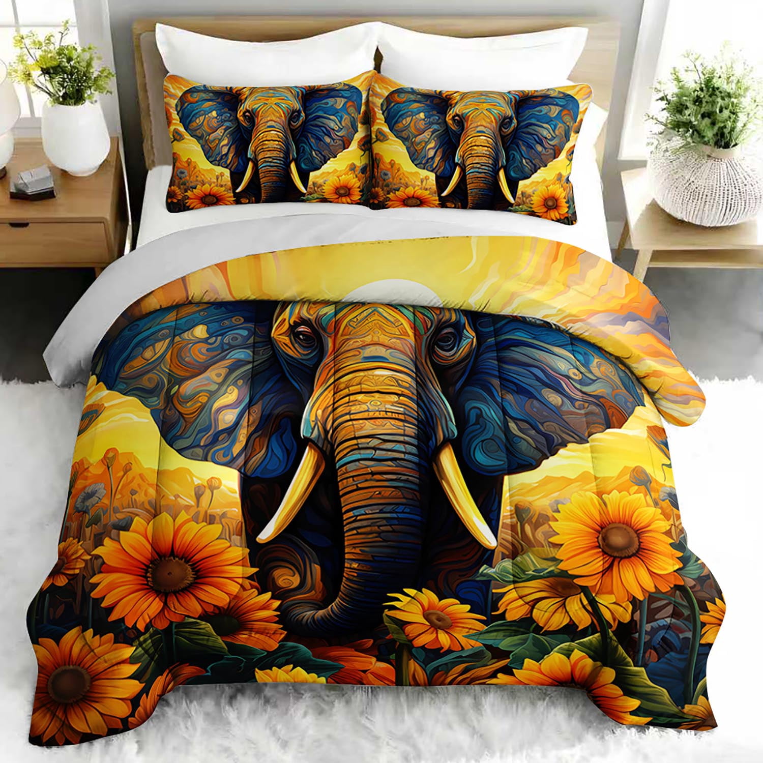 3pcs Artistic Elephant Comforter Set, Vibrant African Wildlife Bedding Set for Bedroom or Guest Room Decor, All Seasons Quilt Machine Washable Duvet with 2 Pillowcases