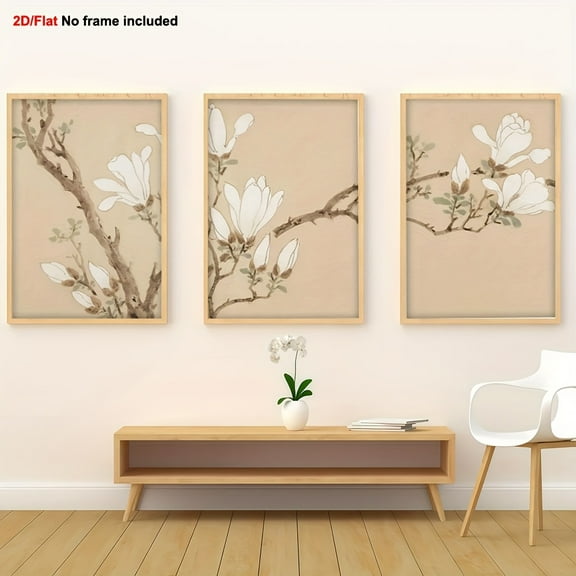 3pcs Asian Orchid Flower Wall Art Panels - Frameless Beige & White Orchid Triptych, -Inspired Orchids on Beige Canvas Paintings for, Bohemian Minimalist Decor, Easy Hang Wall Panels (No Frame Needed