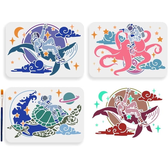 3pcs Astronaut Ocean Creatures Stencil 11.78.3inch Large Space Theme Sea Life Stencils with Paint Brush Whale Octopus Turtle Clouds Moon Star Planet Template for DIY Craft Furniture Wood White