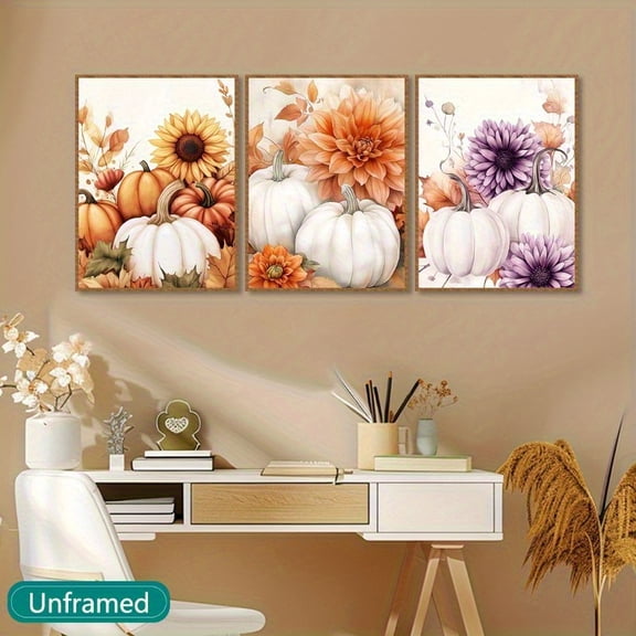 3pcs Autumn Harvest Canvas Art Set - Frameless Pumpkin & Floral Wall Decor, Vintage & Contemporary Style, Perfect for Living Room & Dining Area