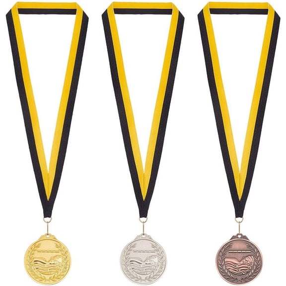 3pcs Award Medals with Premium Ribbon Alloy Award with Stripe Pattern Lanyard Golden Platinum Red Copper Flat Round Medals for Competitions Sports Award