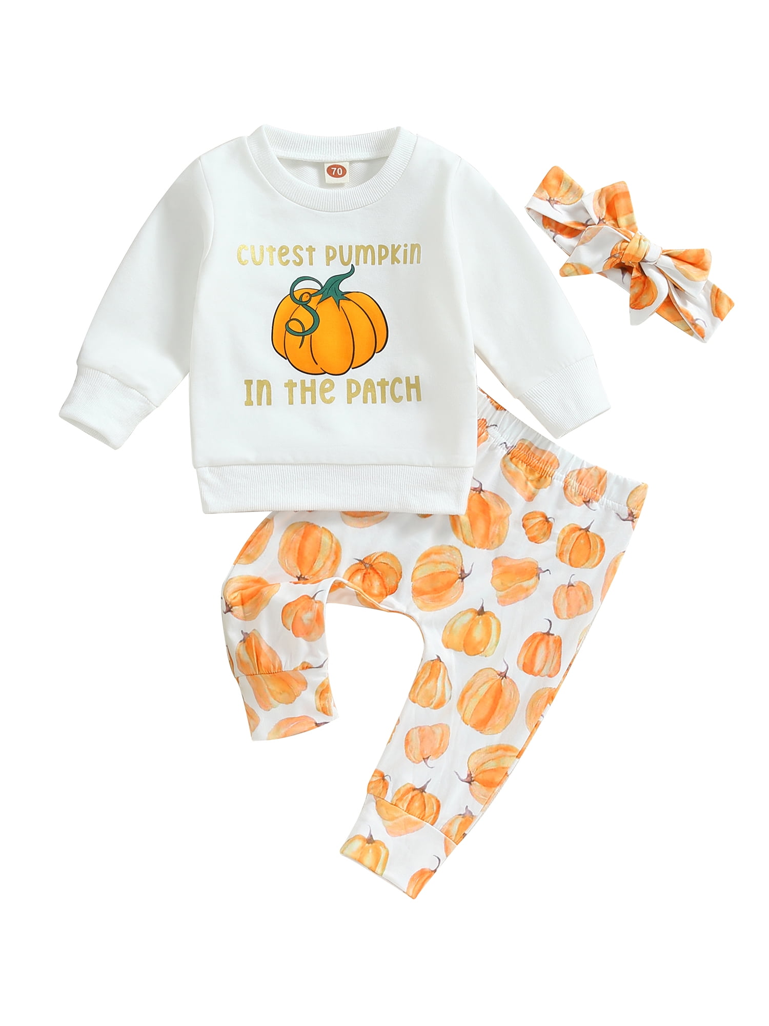 3pcs Baby Girls Halloween Clothes Pumpkin Print Long Sleeves