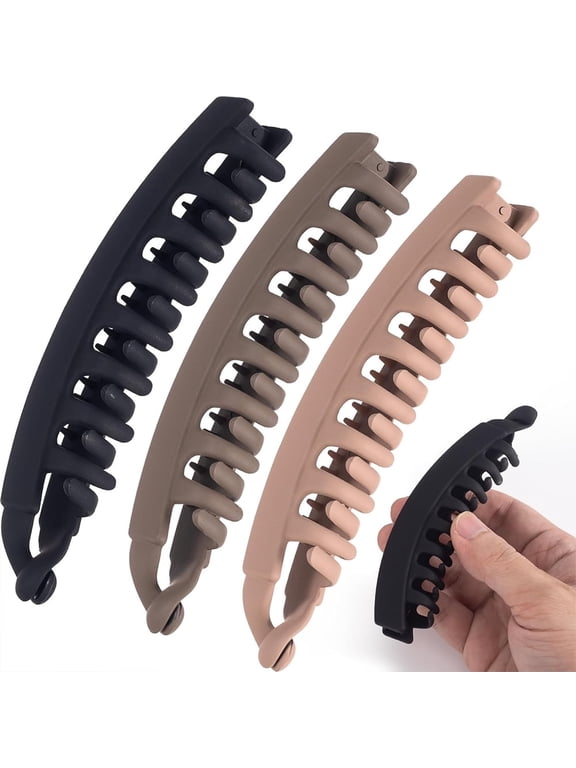 3pcs Banana Hair Clips, Non-Slip Large Hair Claws for Women, Classic Double Combs Hairpin Accessories for Thin Curly Straight Long Short Hairstyles- Black & Light Coffee & Coffee