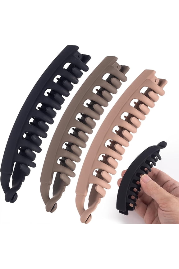 3pcs Banana Hair Clips, Non-Slip Large Hair Claws for Women, Classic Double Combs Hairpin Accessories for Thin Curly Straight Long Short Hairstyles- Black & Light Coffee & Coffee