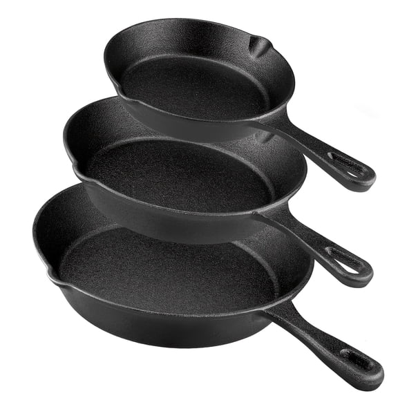 3pcs Bare Cast Iron Skillet Set (6/8/10 Inch) - Heavy-Duty Heirloom-Grade Sand Casting, Pre-Seasoned Non-Stick, Oven/Grill/Campfire Safe, Even Heat for Steak/Cornbread/Baking
