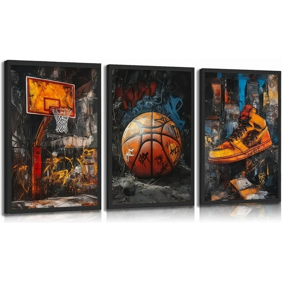 3pcs Basketball Graffiti Canvas Wall Art Retro Abstract Graffiti Teen Wall Decor Pictures Basketball Court Sneakers Posters Prints Paintings for Teen Boys Living Room Bedroom(Only canvas)