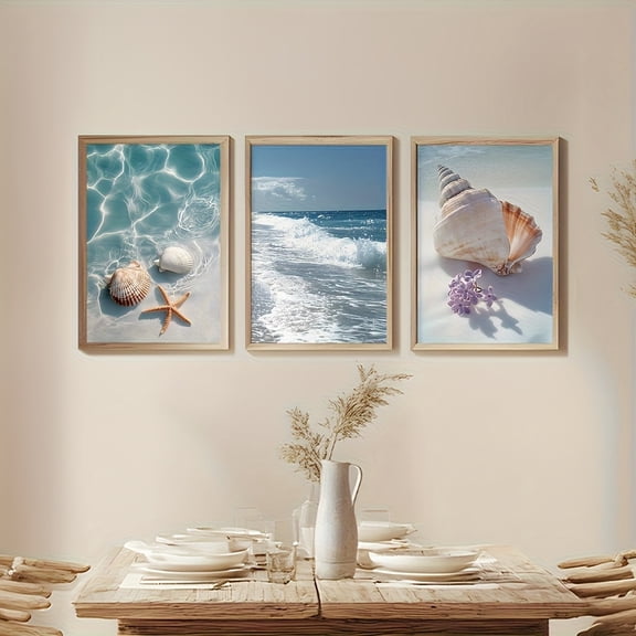 3pcs Beach Theme Canvas Prints, Unframed Wall Art Decoration, Coastal Shells and Starfish Posters, Suitable for Living Room, Bedroom, Office, Corridor, Kitchen, Home Decoration Gift Set, Unframed