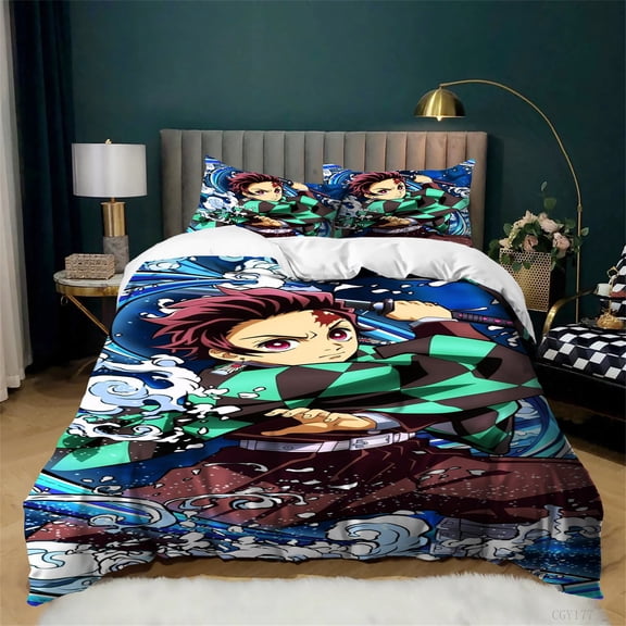 3pcs Bedding Duvet Cover Set Demon Anime Slayer Comforter Set Cozy Soft Lightweight Duvet Cover with 2 Pillow Sham