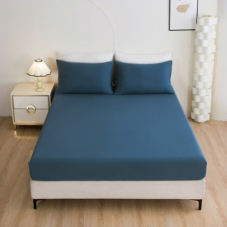 3pcs Bedding Set, Blue Grey Deep Pocket Fitted Sheet with 2 Pillowcases, Soft Breathable Cooling Bed Sheets, Wrinkle Resistant Luxury Hotel Bedding for Thick Mattresses,Queen