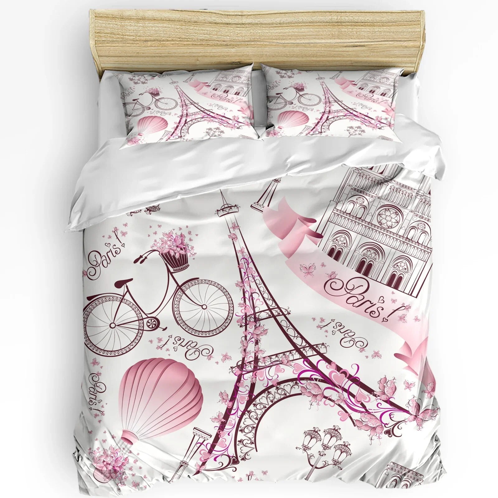 3pcs Bedding Set Pink Paris Tower High Heels Female White Duvet Cover