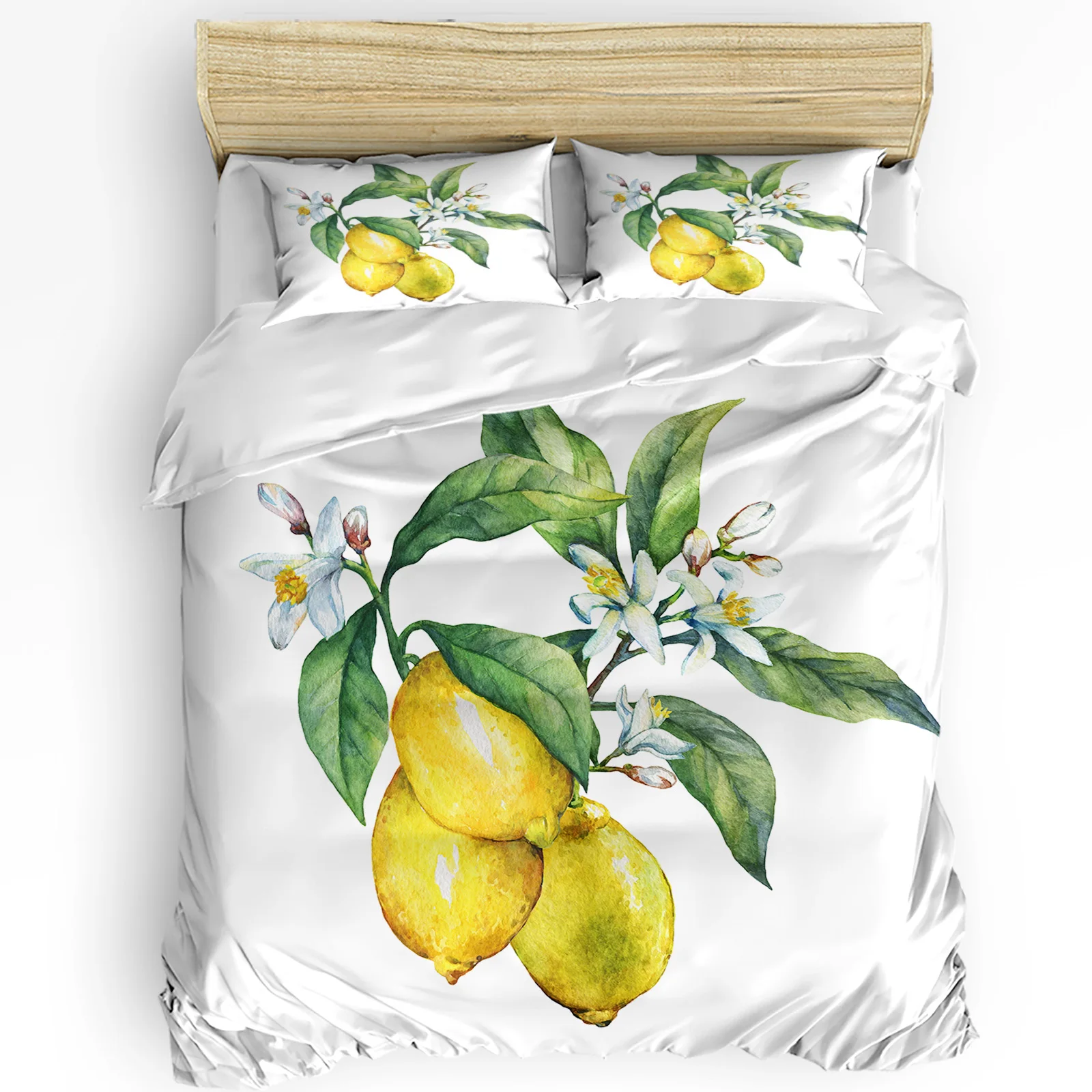 3pcs Bedding Set Plant Lemon Flowers White Home Textile Duvet Cover