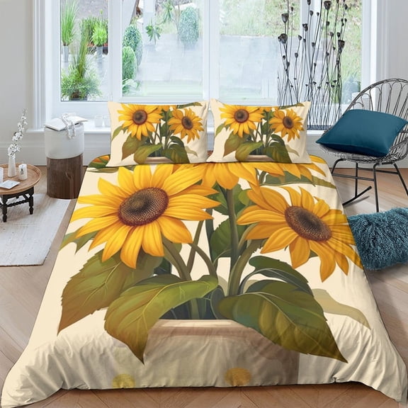 3pcs Bedding Sets Sunflower Duvet Cover with Pillowcase Fashion Home Bedspreads, Queen