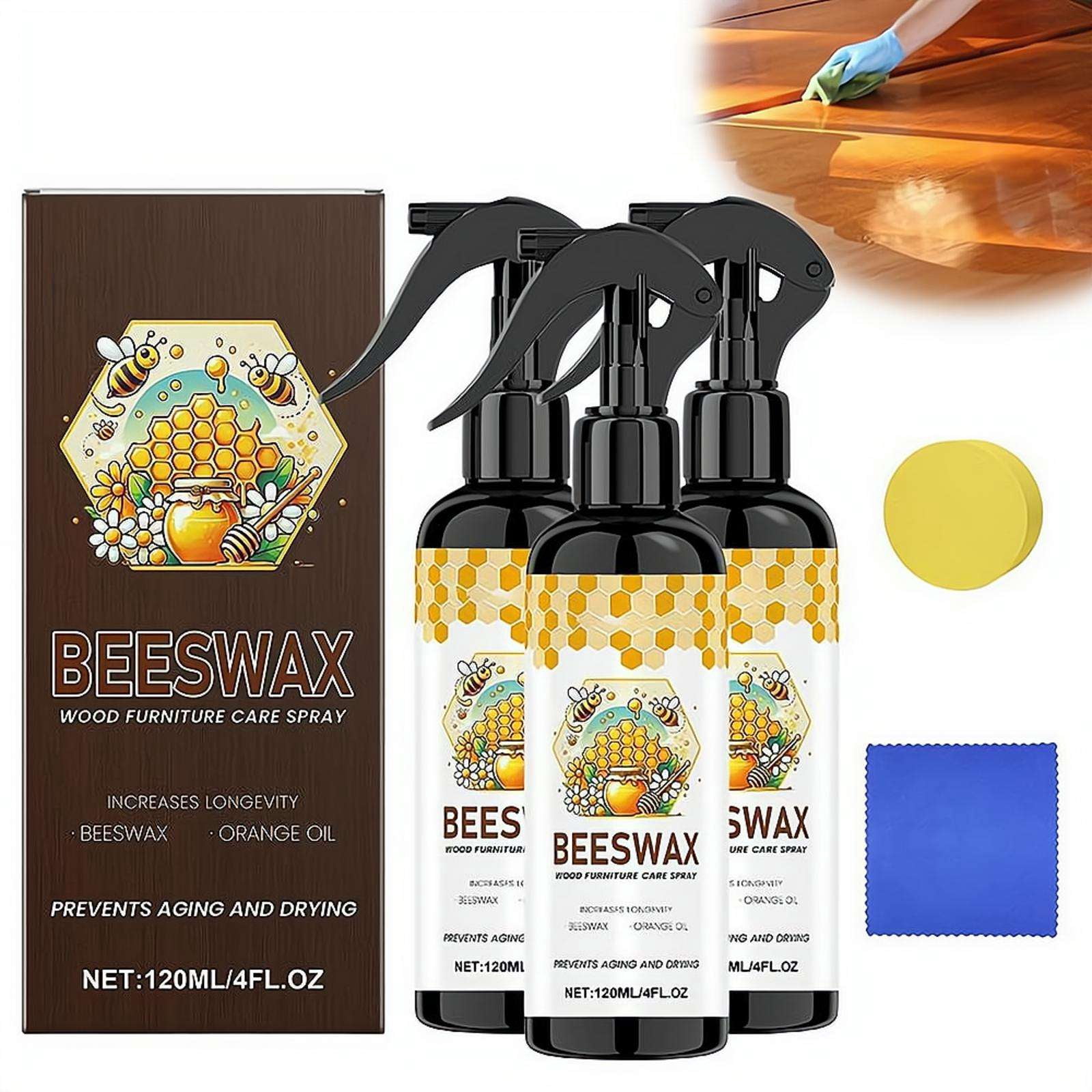 3pcs Beeswax Wood Furniture Polish Spray with Orange Oil, 120ml Cleaner Kit with Sponge & Towel, Wood Care for Tables Cabinets Living Room