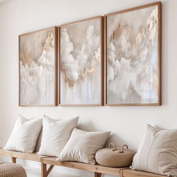 3pcs Beige Neutral Art Triptych Prints, Golden Cloud Abstract Modern Wall Art, Unframed Soft Tone Artwork, Romantic Art Posters, Luxury Room Decor, Wall Decor, Canvas Art for Living Room, Bedroom, K