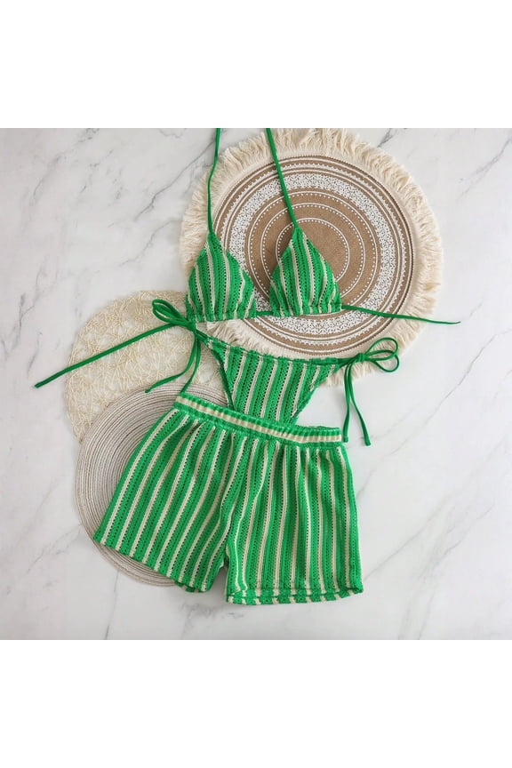 3pcs Bikini Sets for Women Halter Bohemian Crochet Striped Triangle Swimsuits Tie Side Bathing Suit with Shorts(Green,M)