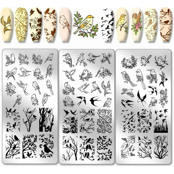 3pcs Bird Nail Stamping Plates Swallow Animal Nail Art Templates Tree Flower Nail Art Stencils Stainless Steel Nail Image Plates for Women Spring Nail Design Print Manicure Salon