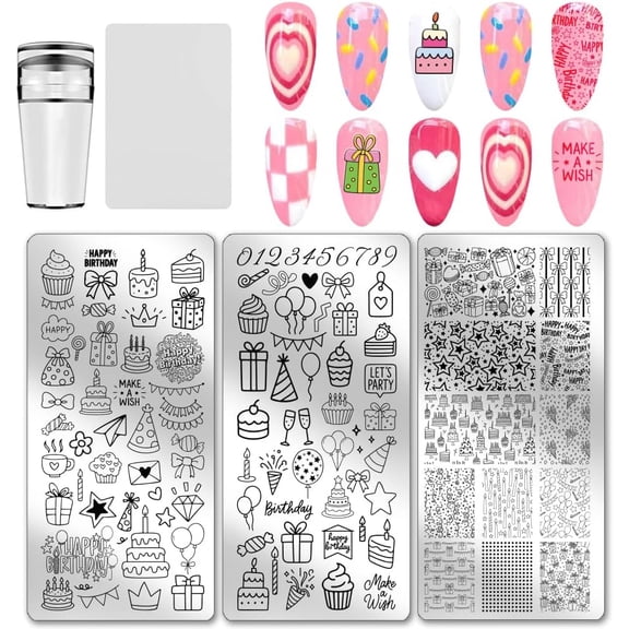 3pcs Birthday Party Theme Nail Stamping Plates Cake Gifts Nail Art Plates Balloon Patterns Nails Image Plates Candle Stars Bows Manicure Art Templates