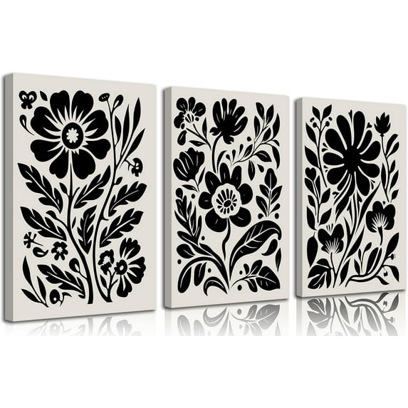 3pcs Black Abstract Floral Botanical Canvas Wall Art Boho Minimalist Flower Posters Prints Paintings Black And Beige Modern Wall Decor Pictures for Farmhouse Bedroom Living Room Decorate Un