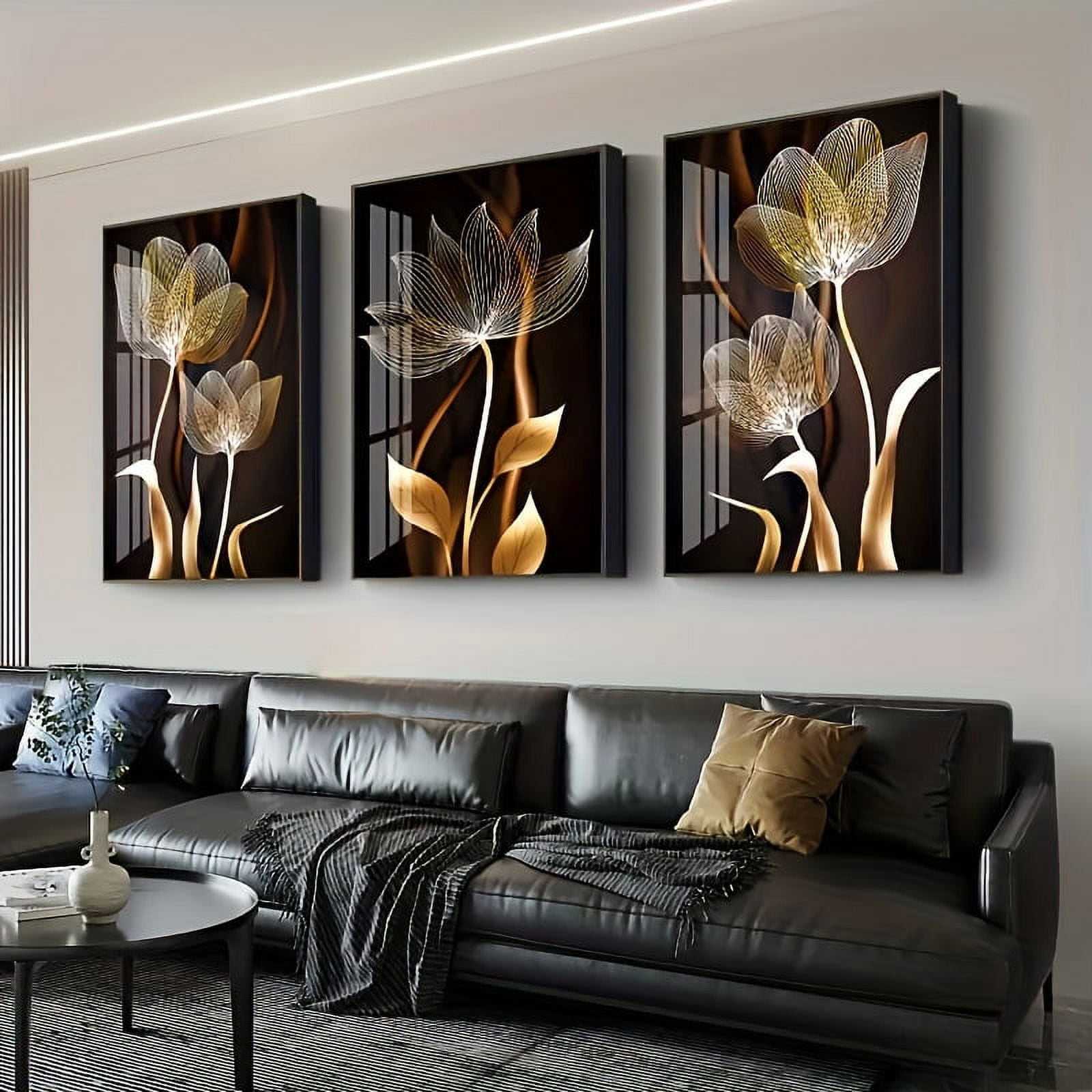 3pcs Black And Gold Flower Wall Art Canvas Painting, For Living Room