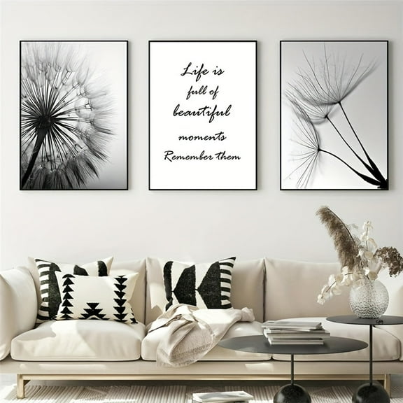 3pcs, Black And White Dandelion Canvas Painting, Modern Plant Wall Art Poster And Prints, For Living Room Decoration Home Decor, No Frame