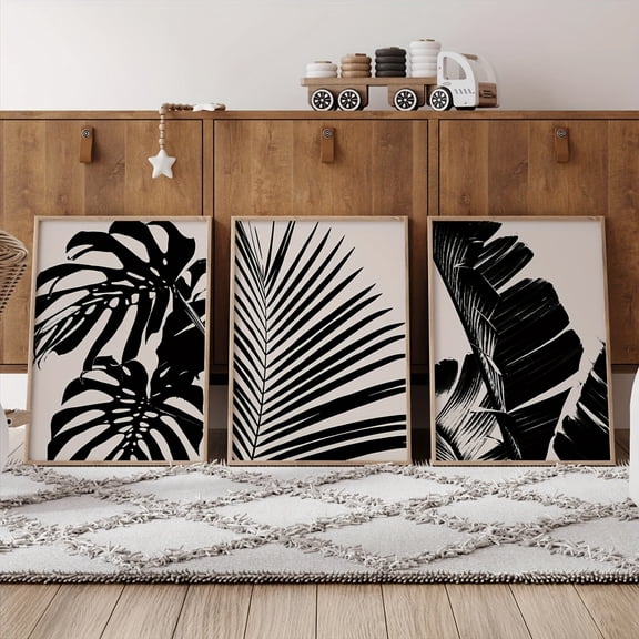 3pcs Black and Beige Leaf Wall Art Prints - Tropical Palm Leaf Designs, Frameless Modern Minimalist Home Decor for Living Room, Bedroom, Office, and Dining Area, Indoor Use, Office Wall Decor | Mini
