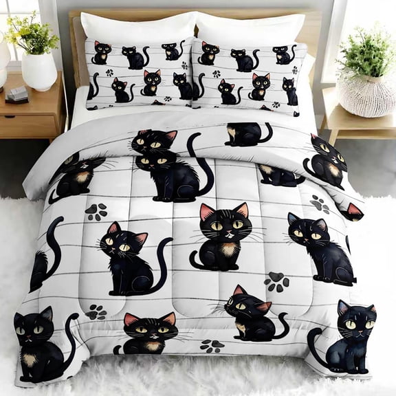 3pcs Black Cat Comforter Set, Cute Kitten Bedding Set for Bedroom or Guest Room Decor, All Seasons Quilt Machine Washable Duvet with 2 Pillowcases
