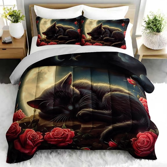 3pcs Black Cat Moon Rose Comforter Set, Fantasy Bedding Set for Bedroom or Guest Room Decor, All Seasons Quilt Machine Washable Duvet with 2 Pillowcases