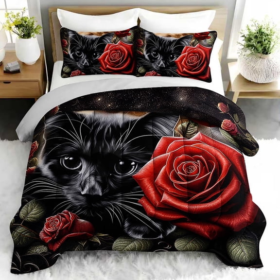 3pcs Black Cat Red Rose Comforter Set, Gothic Bedding Set for Bedroom or Guest Room Decor, All Seasons Quilt Machine Washable Duvet with 2 Pillowcases