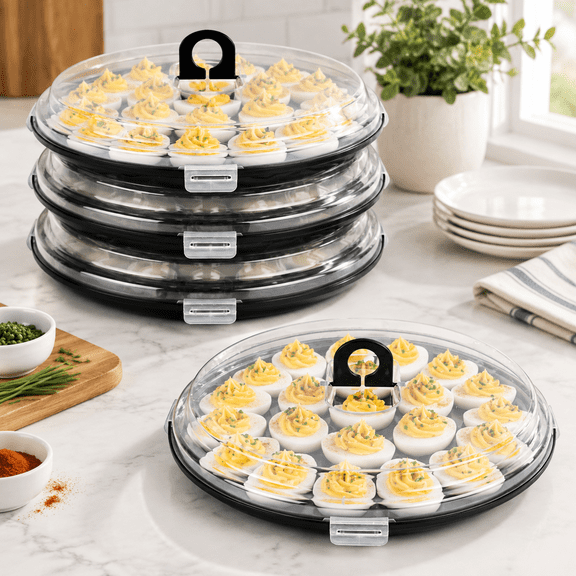 3pcs Black Deviled Egg Carriers, 66-Egg Total Capacity Stackable Food Storage Trays