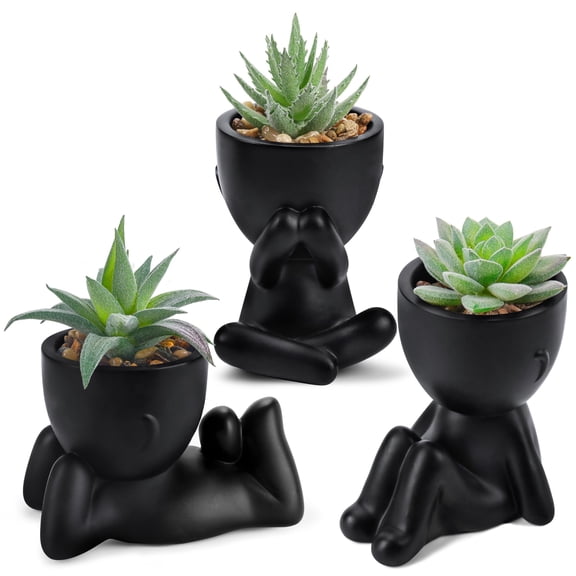 3pcs Black Fake Succulents in Pots, Artificial Flocked Plants for Indoor Decor, Small Desk Greenery for Bathroom Office Shelf, Stress-Relief Gift, Black