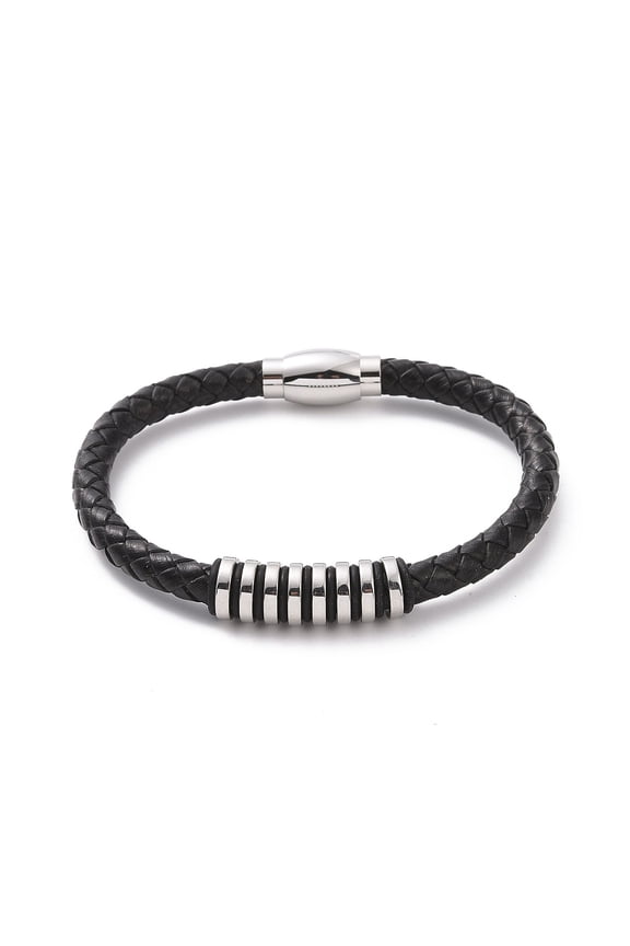 3pcs Black Leather Cord Bracelet with 304 Stainless Steel Magnetic Clasps 201 Stainless Steel Beaded Punk Wristband for Men Women 8-5/8 inch(22cm)