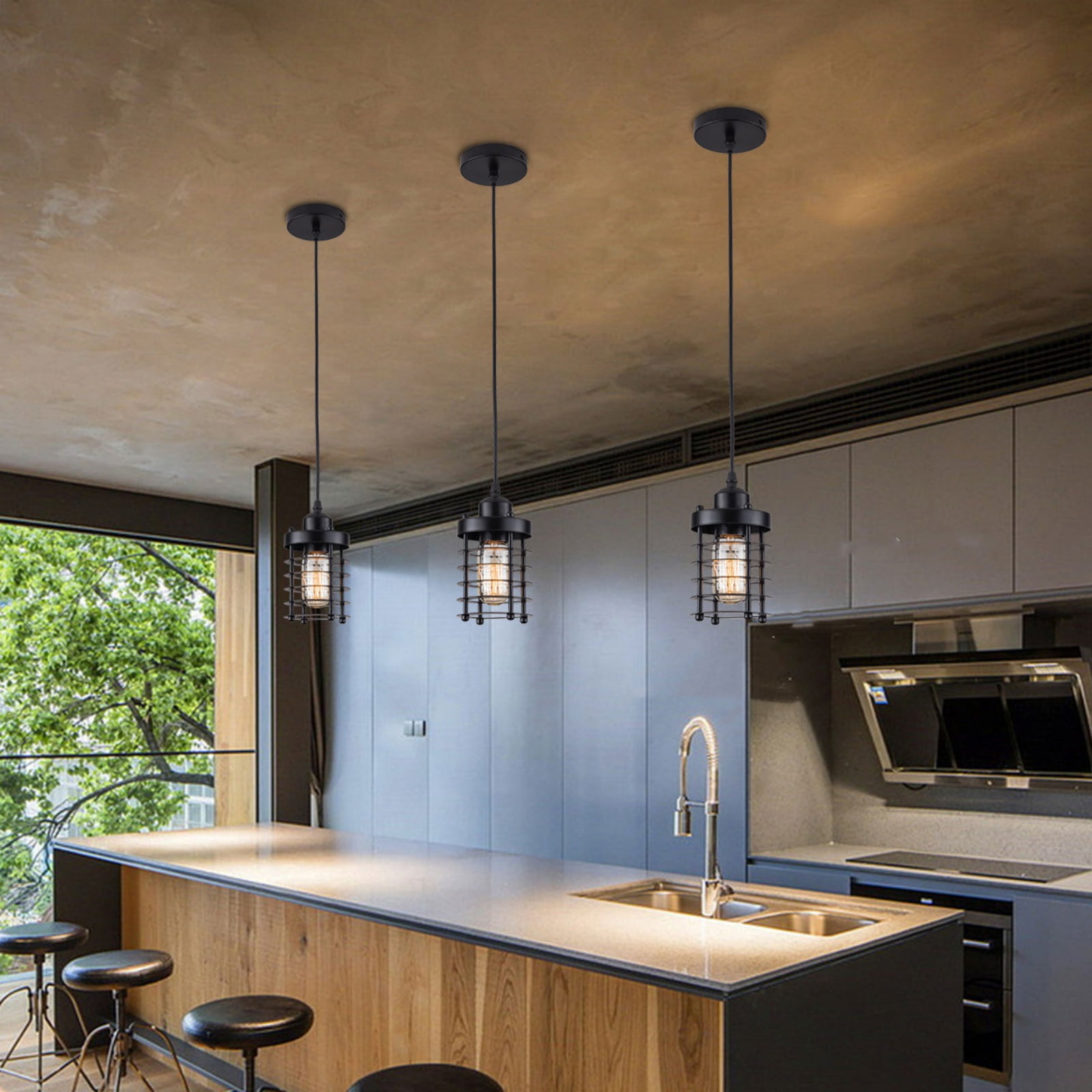 3pcs Black Pendant Lights,Mini Cylinder Cage Chandeliers, Vintage Openwork Pendant Lighting for Kitchen Island Living Room 1-Light Industrial Pendant Lighting for Kitchen Island Dinner Table