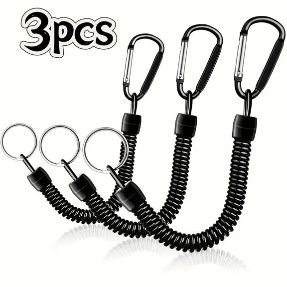 3pcs Black Spring Coil Keychain with Retractable Wrist Strap, Expandable from 8.46Inch to 47Inch, Built-In Steel Wire, 15 Lbs Load Capacity, Durable Zinc Alloy
