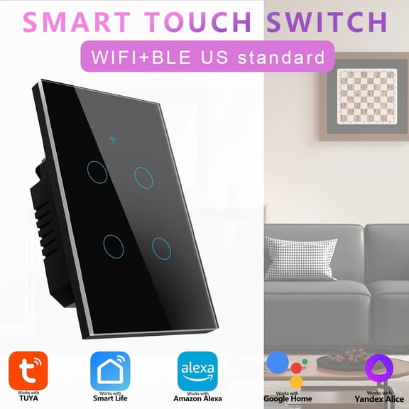 3pcs Black US Standard Smart WiFi Touch Switch - Neutral Wire Required, Flush Mount, 4 Gang Selectable, Multi-mode Control Via Tuya APP/Voice/Timer, Compatible with Alexa & Assistant