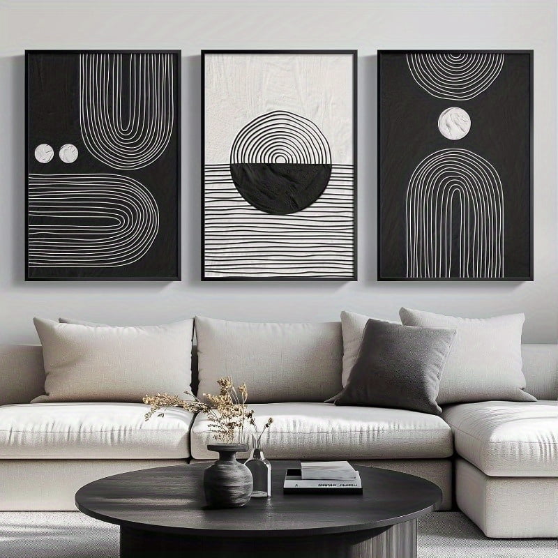 3pcs Black and White Abstract Geometric Wall Art Set - Frameless Modern ...