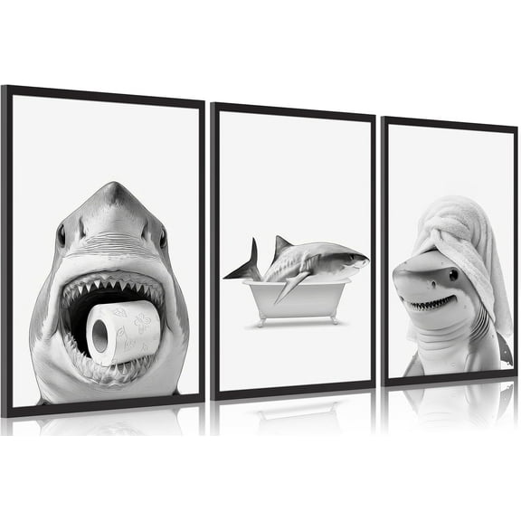 3pcs Black And White Shark Bathroom Canvas wall art Funny ocean Animal bathtub Paintings Pictures Wall Decor Modern Poster Printing Artwork for Restroom Toilet Home Decoration Unframed