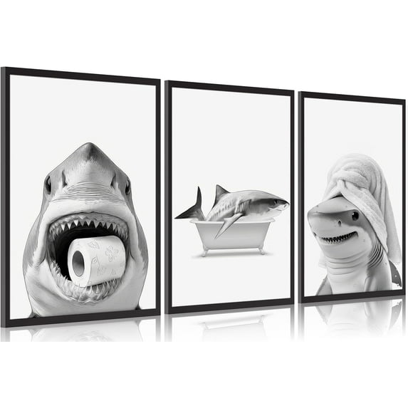 3pcs Black And White Shark Bathroom Canvas wall art Funny ocean Animal bathtub Paintings Pictures Wall Decor Modern Poster Printing Artwork for Restroom Toilet Home Decoration Unframed