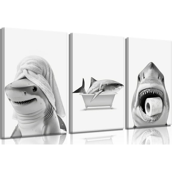 3pcs Black And White Shark Bathroom Canvas wall art Funny ocean Animal bathtub Paintings Pictures Wall Decor Modern Poster Printing Artwork for Restroom Toilet Home Decoration Unframed