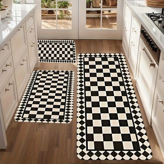 3pcs Black and White Checkered Kitchen Floor Mats Combination Non-Slip Kitchen Rugs Kitchen Cozy