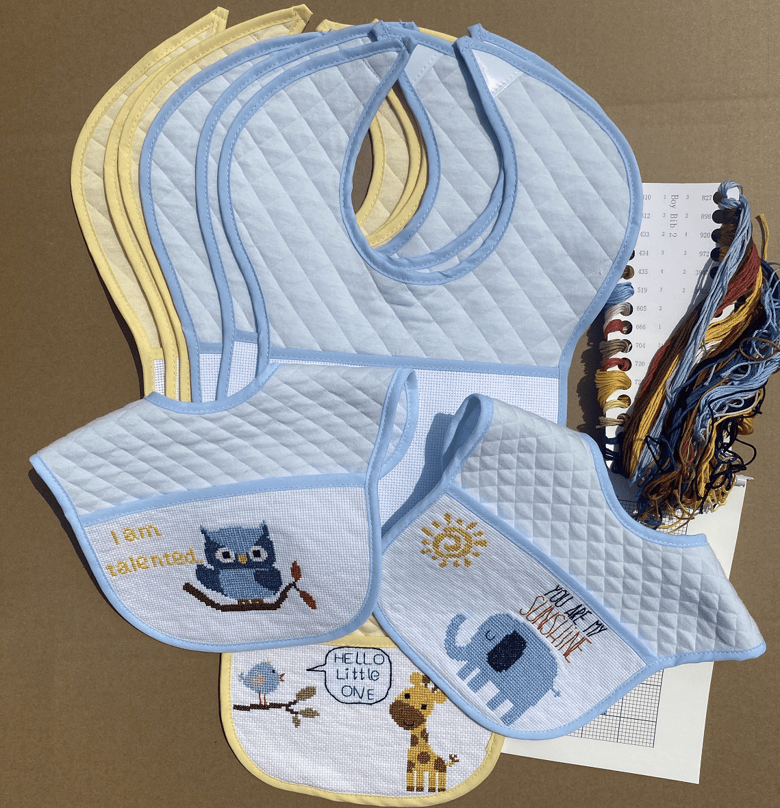 3pcs Blue,3pcs yellow cotton cross stitch baby bib 14count aida cross stitch bib