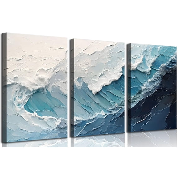 3pcs Blue Abstract Wave Canvas Wall Art Modern Neutral 3d Textured Landscape Pictures Decor And White Posters Prints For Living Room Bedroom 12x16in