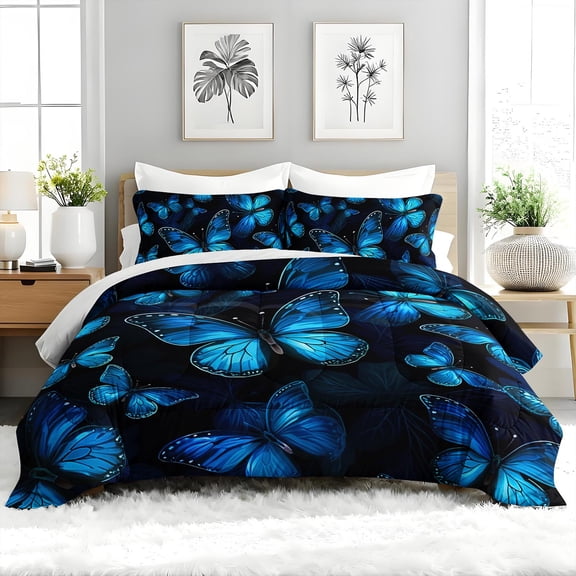 3pcs Blue Butterfly Comforter Set, Vibrant Butterfly Bedding Set for Bedroom or Guest Room Decor, All Seasons Quilt Machine Washable Duvet with 2 Pillowcases