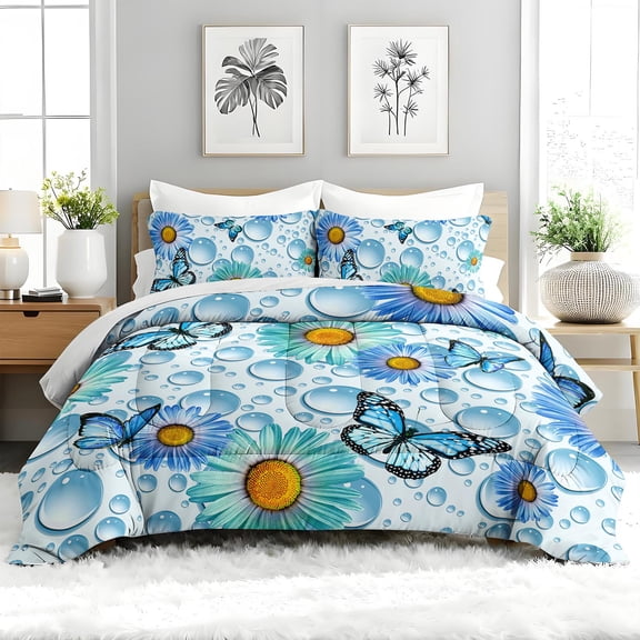 3pcs Blue Butterfly Daisy Water Droplet Comforter Set, Floral Bedding Set for Bedroom or Guest Room Decor, All Seasons Quilt Machine Washable Duvet with 2 Pillowcases