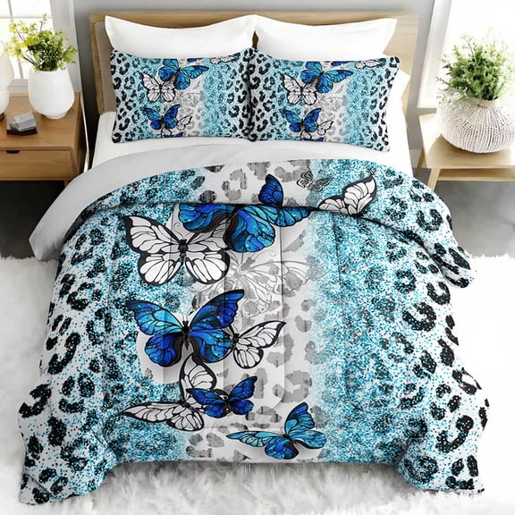 3pcs Blue Butterfly Glitter Leopard Print Comforter Set, Elegant Bedding Set for Bedroom or Guest Room Decor, All Seasons Quilt Machine Washable Duvet with 2 Pillowcases