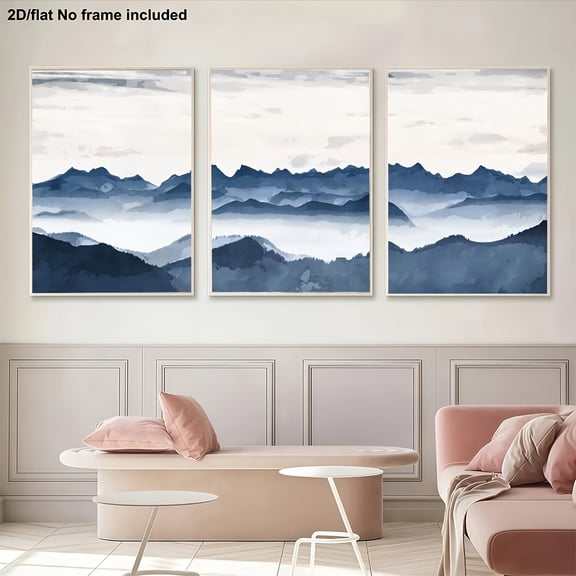 3pcs Blue Mountain Landscape Canvas Wall Art Set - Minimalist Modern Abstract Nature Triptych Prints in Soothing Blue Tones (Navy, Gray, Beige) - Frameless Large Wall Decor for Living Room, Bedroom,