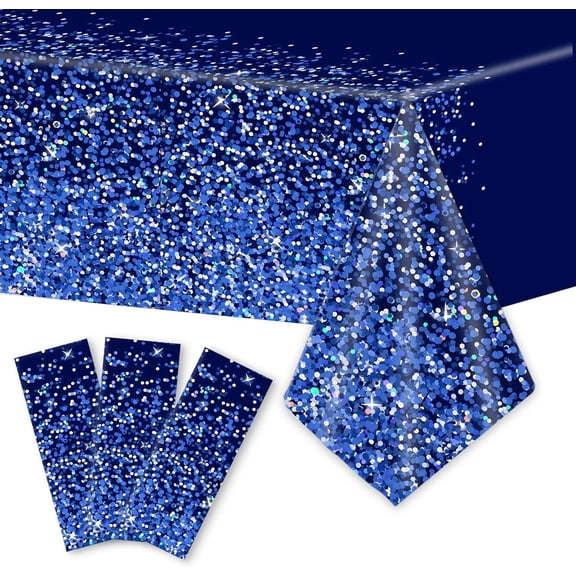 3pcs Blue Silver Tablecloths Denim and Diamonds Party Decorations Navy Blue and Silver Tablecloth Disposable Plastic Royal Confetti Rectangle Table Cover for Birthday Wedding Party Decor Supplies